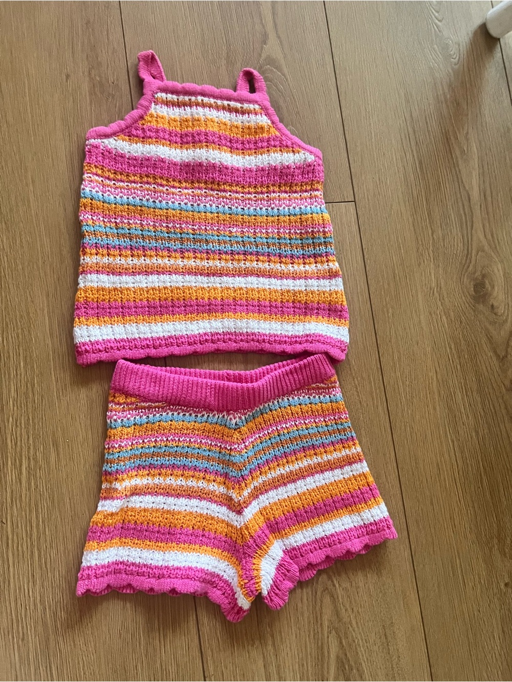 Girls Pink Multi-Stripe Knit Tank & Shorts Set